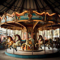 A vintage carousel in motion at a fair.