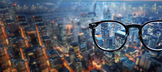 Clear view or vision concept. An eyeglasses with transparent lenses overy blurry city view makes the scene becomes clearly seen. - obrazy, fototapety, plakaty