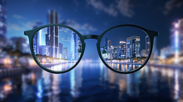 Clear view or vision concept. An eyeglasses with transparent lenses overy blurry city view makes the scene becomes clearly seen.