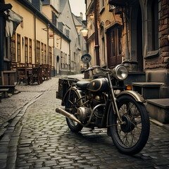 A vintage motorcycle parked on a cobblestone street