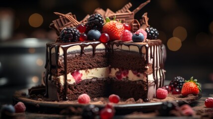 Fototapeta na wymiar Delicious Cake Topped With Fresh Fruit