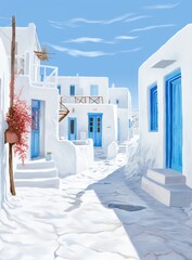 A painting depicting a street scene featuring blue doors and steps leading to buildings. The artwork captures the charm of urban architecture in a realistic style.