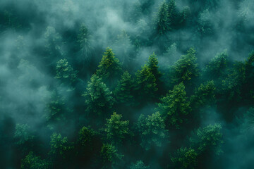 Aerial View of Forest in Fog