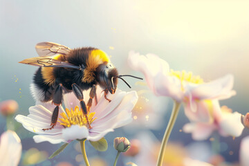 cute big bee on flower - spring or summer background. close up. Can used for bee day banner or greeting card. 