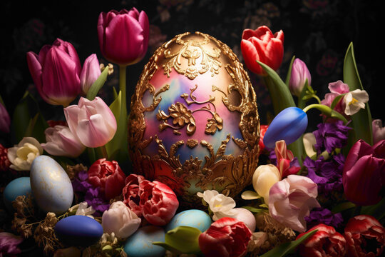 An intricately decorated Easter egg peeking out from behind a cluster of blossoming tulips, evoking the spirit of renewal.