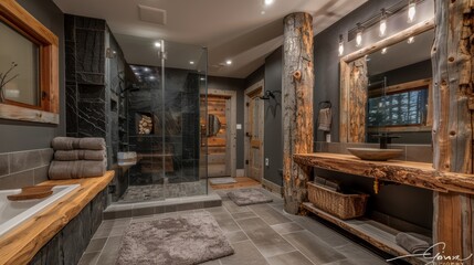 Elegant modern bathroom with night lighting, shower, bathtub, mirror, and washstand.