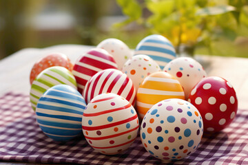 Fototapeta na wymiar Charming Easter eggs decorated with whimsical polka dots and stripes, evoking feelings of joy and celebration on a sunny Easter morning.