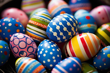 Fototapeta na wymiar Charming Easter eggs decorated with whimsical polka dots and stripes, evoking feelings of joy and celebration on a sunny Easter morning.