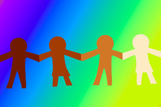 Illustration of gay and lesbian people holding hands with rainbow colors in the background