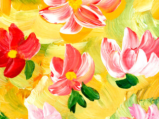 Abstract flowers, original hand drawn, impressionism style, color texture, brush strokes of paint,  art background - 742875504