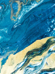 Blue and gold abstract marble texture, creative hand painted background, abstract ocean, acrylic painting on canvas. - 742875505
