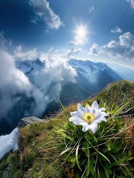 The aerial camera looks down from the top of the snow-capped mountain, where a Alpine anemone