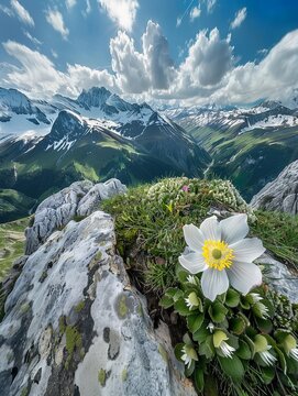 The aerial camera looks down from the top of the snow-capped mountain, where a Alpine anemone
