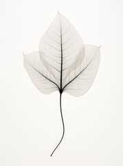A white leaf with a stark black stem rests against a stark white background, creating a stark yet striking contrast.
