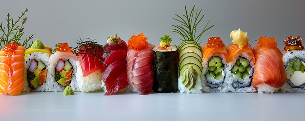 A series of sushi pieces arranged to tell a story with each roll representing a different chapter