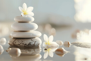 Fototapeta na wymiar Zen stones and flowers in water. A slide background for showcasing wellness and meditation. Background image. Created with Generative AI technology.