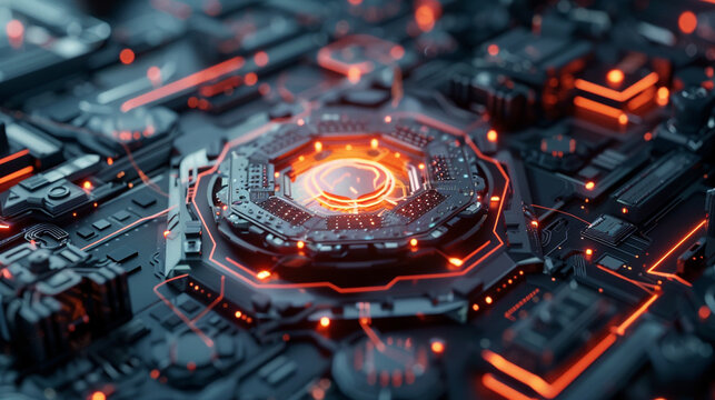 Animate a 3D representation of a hexagon surrounded by a backdrop that highlights its unique technological features