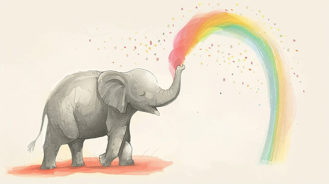 Create a whimsical illustration of an elephant with a rainbow colored trunk
