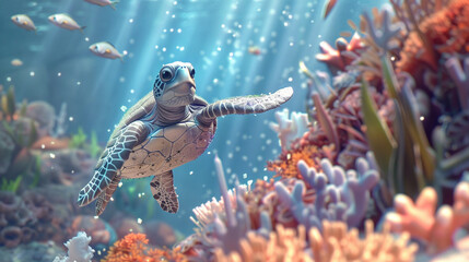 Design a unique and visually stunning scene featuring a plasticine sea turtle against an abstract backdrop using both illustration and 3D animation techniques