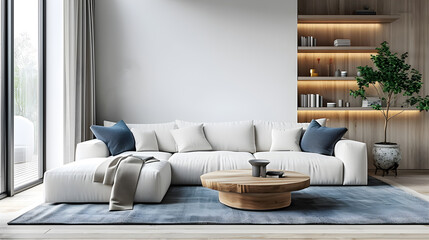 Modern elements of living room interior design, corner sofas and personal items Classic Scandinavian style
