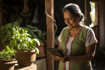 Naklejka na ściany i meble Senior female farmer using digital tablet technology for plant monitoring in greenhouse