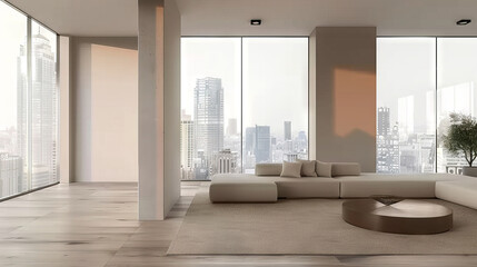 empty white living room with city view,