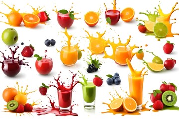 collection of fruit juice colorful splashes isolated on white background