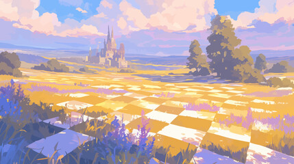 Calm colorful chessboard field - wallpaper background with beautiful landscape and castle for chess lovers