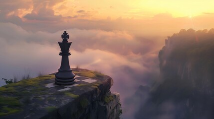 Chess King piece standing on the chessboard - wallpaper background with beautiful landscape