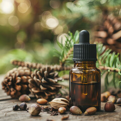 Cedar oil and nuts, selective focus