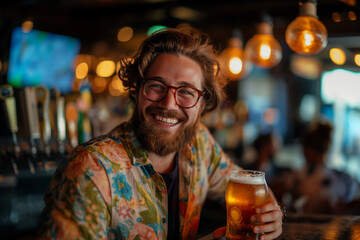 Happy man drinking beer at a beer bar, wide selection of craft beers, atmosphere under the lights at night.