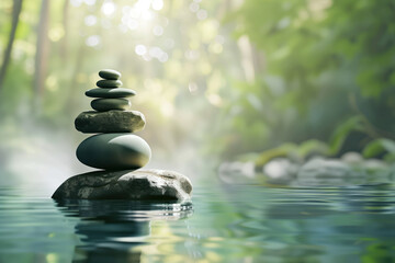 Zen stones in water. A slide background for showcasing wellness and meditation. Background image. Created with Generative AI technology.