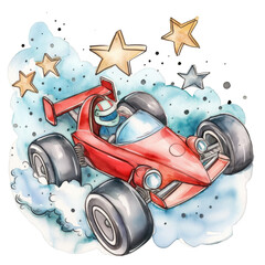 A cute, adorable, amazing watercolor red race car with stars, isolated on transparent background. Baby room frame, nursery room frame, kids birthday, clipart, wall art.