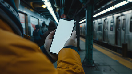 Person hand holding isolated smartphone device in the subway metro with blank empty white screen, communication transportation technology concept