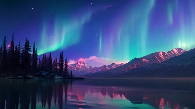 winter night landscape with mountains, lake and northern lights aurora borealis in the sky. 