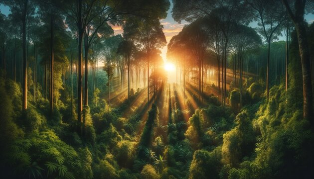 A realistic panoramic photograph of a dense, vibrant forest at sunrise with visible sunbeams breaking through the tree canopy. 