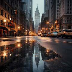 Fototapeta na wymiar Rainy day reflections on a city street.