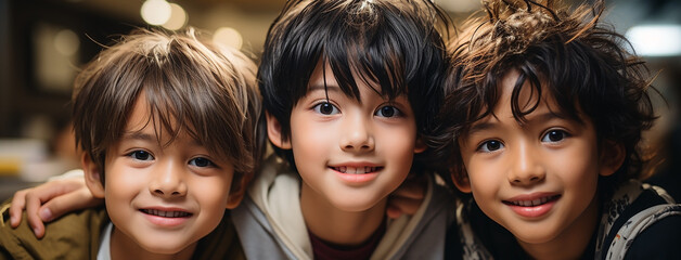 Obraz premium Wide panoramic portrait photo, group of cute kids looking a camera with happy mood and smile faces 