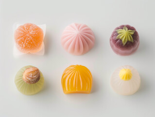 Japanese traditional confectionery cake wagashi on white background. Minimalist style.