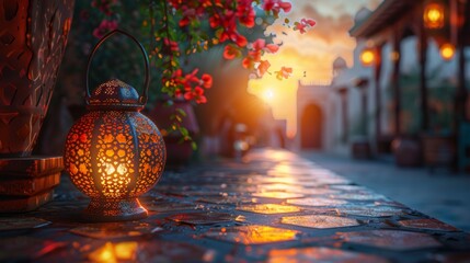 Lanterns in the courtyard of a mosque at sunset, Ramadan vibes - obrazy, fototapety, plakaty