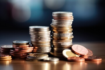 Stacks of assorted coins with varying denominations and loose change against a blurred background, highlighting financial concepts. - obrazy, fototapety, plakaty