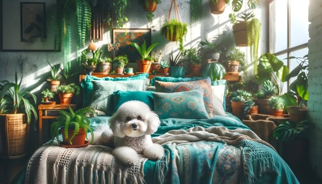 Bichon Frise Relaxing in a Bohemian Inspired Bedroom Filled with Lush Plants