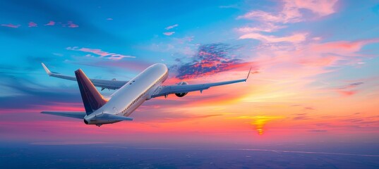 Panoramic view of a modern passenger airplane flying in the beautiful sunset sky