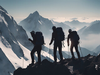 Group of mountain climbers silhouetted on mountain terrain. Rock climbing. Team building. Reach your goals. Push your limits. - obrazy, fototapety, plakaty