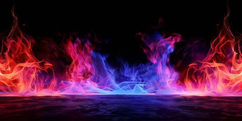 purple, blue and red flames and fire on black background, colorful smoke