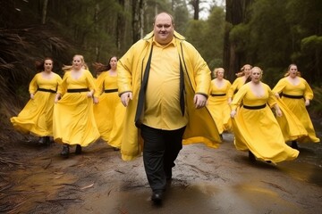 A smiling bald overweight man in a yellow raincoat walks with women in yellow through the forest - obrazy, fototapety, plakaty