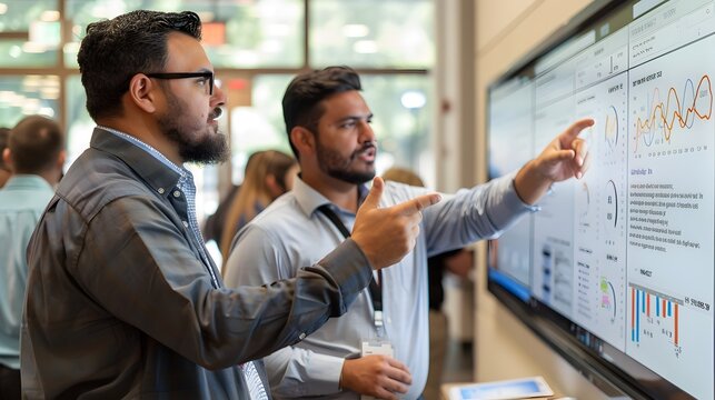Two Employees Collaborating in an Office with a Big Screen