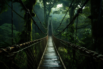 A long suspension bridge made of wooden planks extending through a dense forest made with generative AI