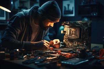 Fotobehang Technician repairing a laptop in the lab. Concept of repair computer, electronic, upgrade, technology. Focused man at a desk repairing a computer motherboard, surrounded by electronic components © Vilaysack