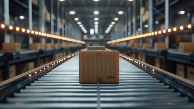 Caja de cart&oacute;n en cinta transportadora de almac&eacute;n log&iacute;stico